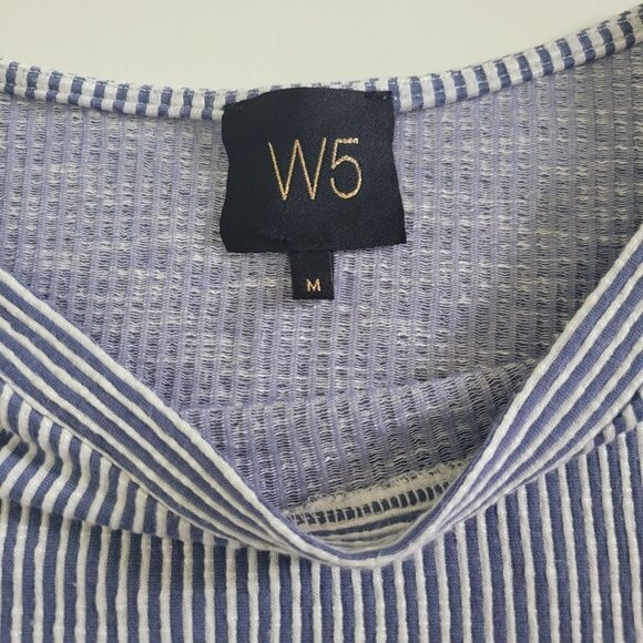 W5 Blouse Button Short Sleeve Striped Vertical Blue White Womens Medium - Picture 7 of 13